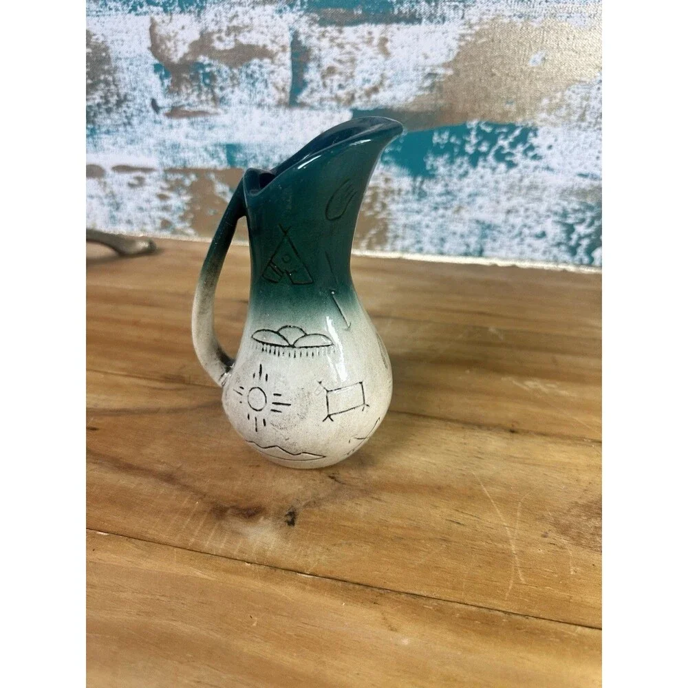 Rosemarys Ceramic Pitcher Southwestern Stamped A15 Green & Gray Decorative 5.5